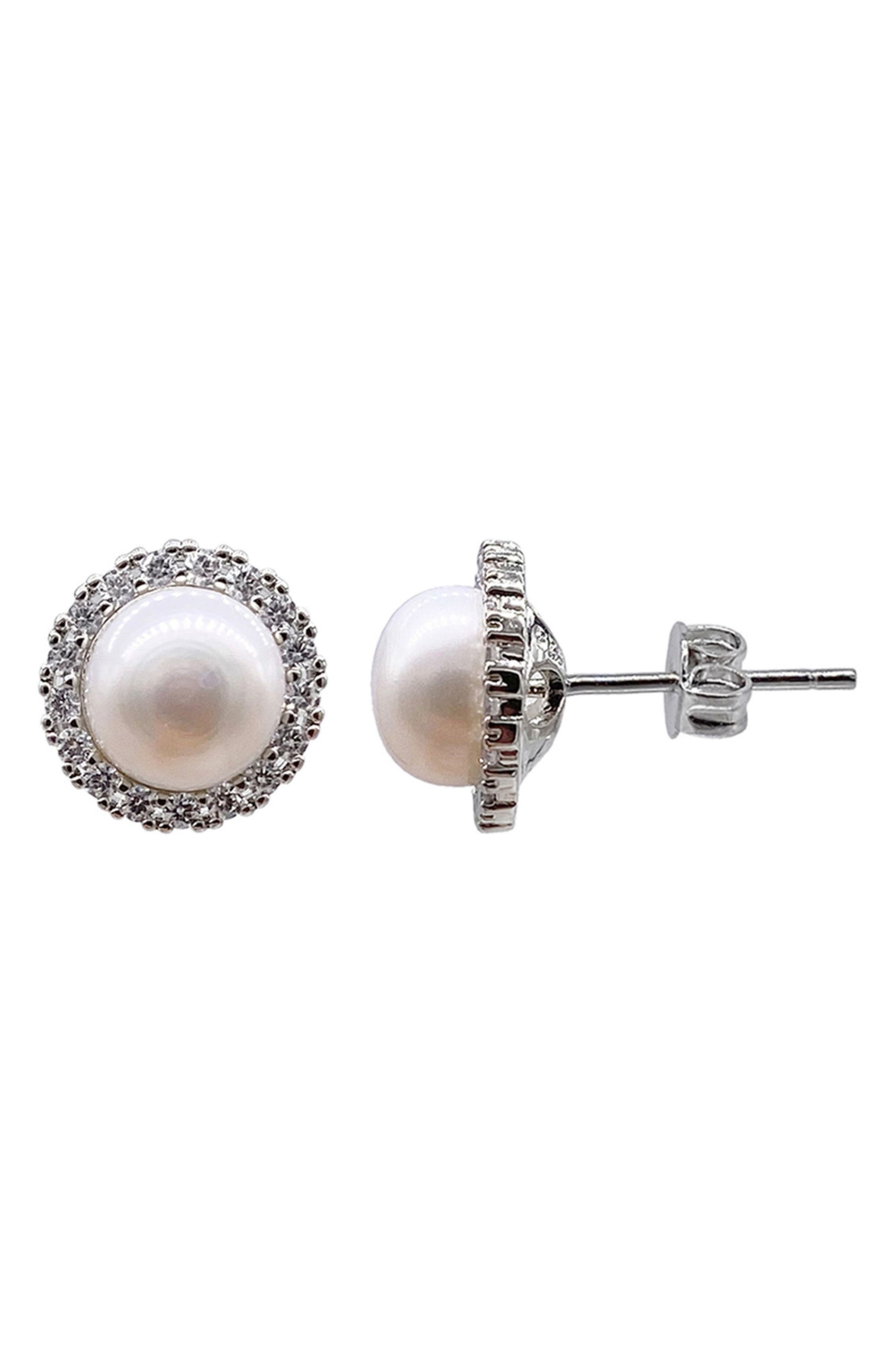 Adornia 9mm Freshwater Pearl Swarovski Crystal Halo Stud Earrings