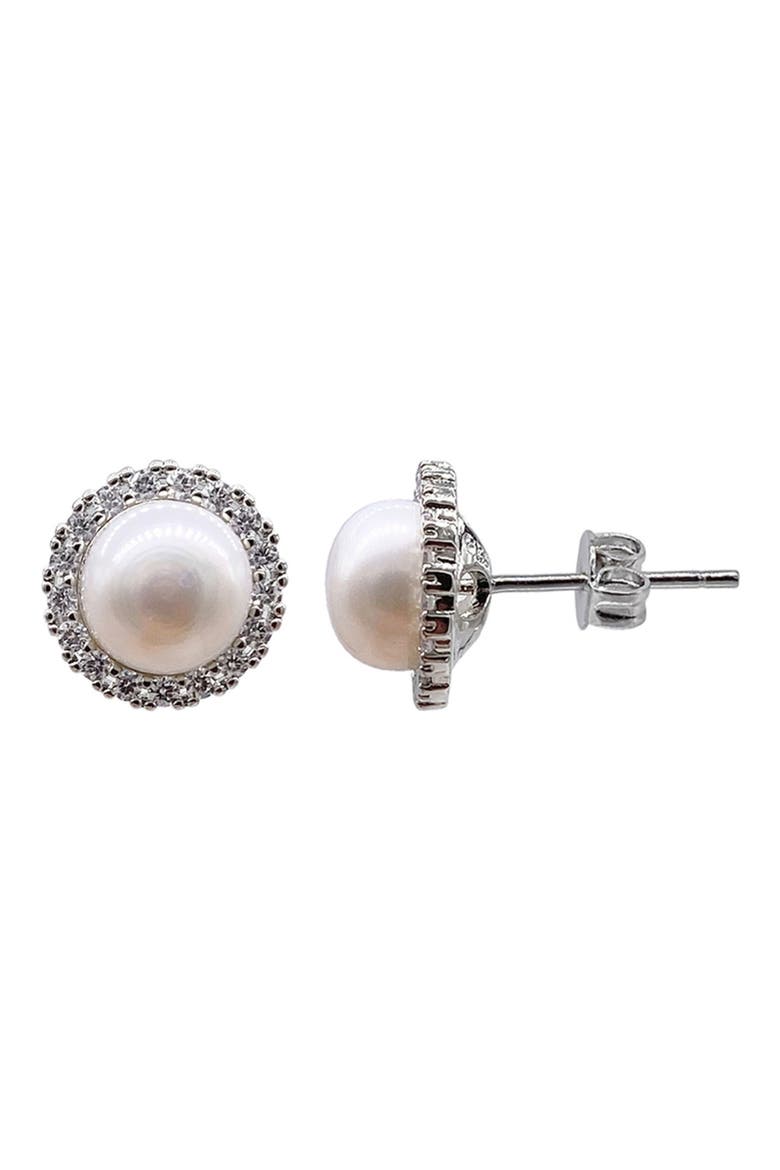 9mm Freshwater Pearl Swarovski Crystal Halo Stud Earrings, Main, color, WHITE