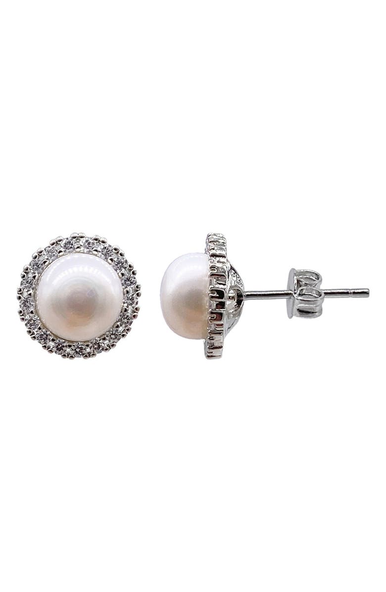 Adornia 9mm Freshwater Pearl Swarovski Crystal Halo Stud Earrings, Main, color, White