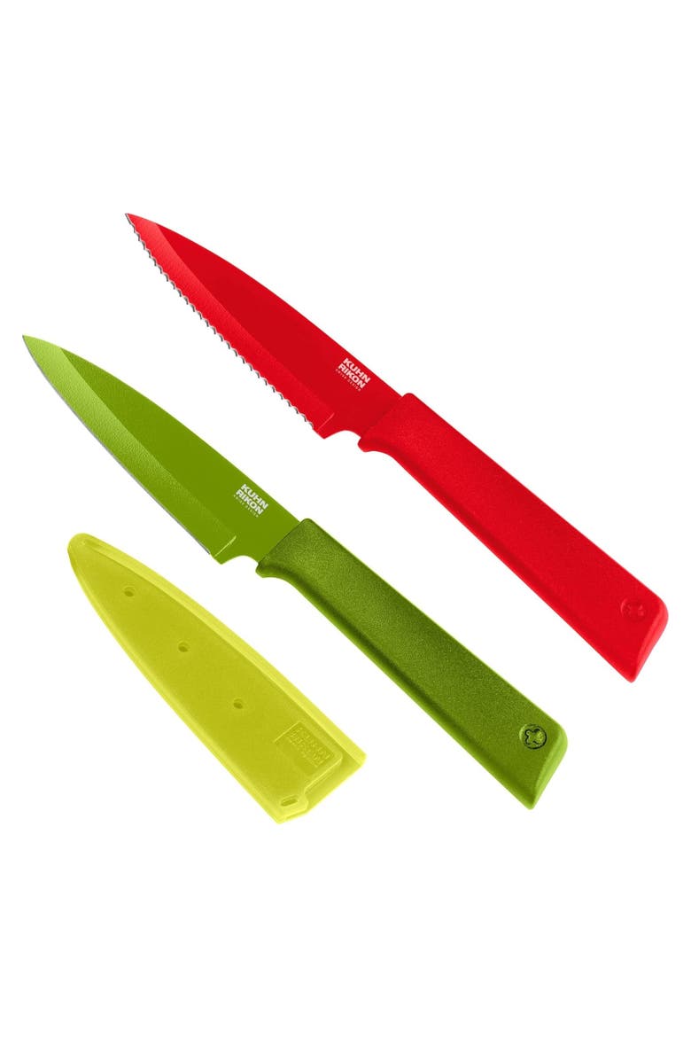 Non-Stick Straight and Serrated Paring Knives with Safety Sheaths, Set of 2, Main, color, Multicolored