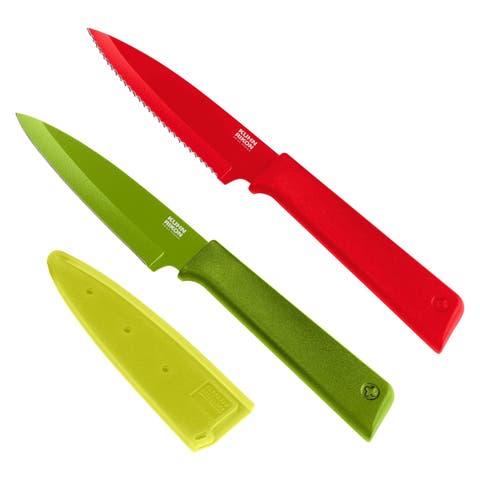 Non-Stick Straight and Serrated Paring Knives with Safety Sheaths, Set of 2