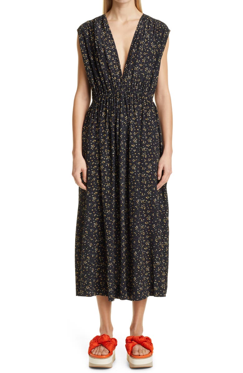 Ganni Ditsy Floral Plunge Neck Dress, Main, color, Black