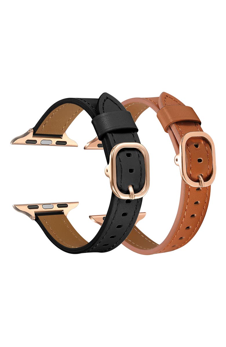 Posh Tech Set of 2 Faux Leather Watchbands, Alternate, color, Black