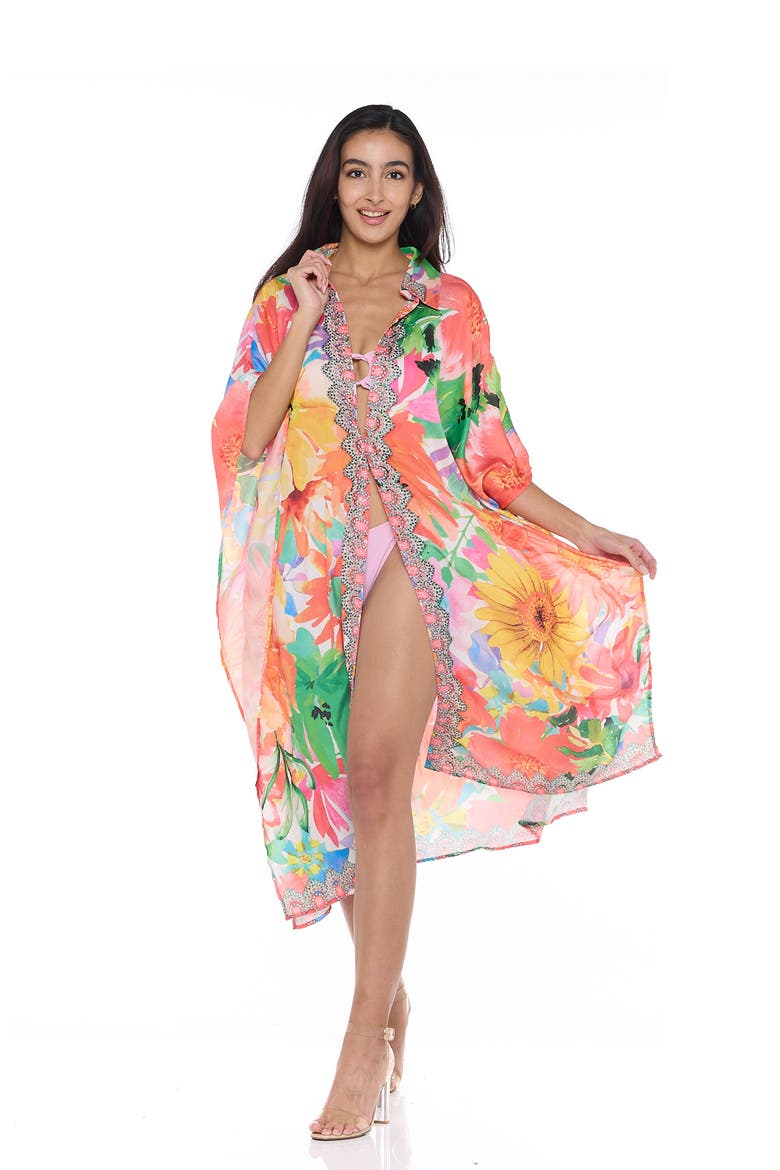Floral Print Woven Duster, Alternate, color, ORANGE