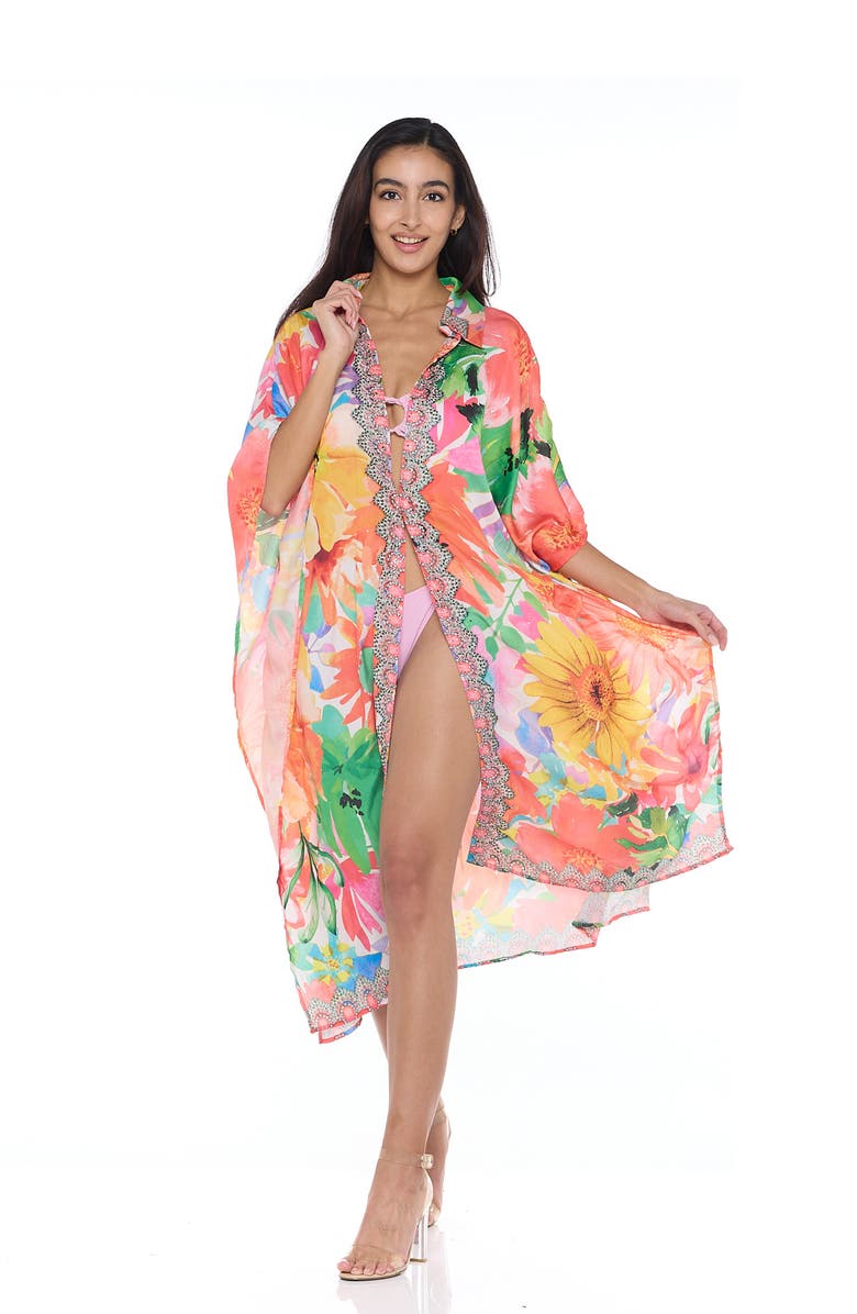 RANEES Floral Print Woven Duster, Alternate, color, Orange