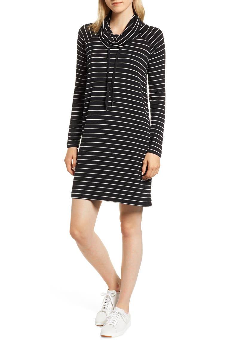 Signaturesoft Drawstring Cowl Dress, Main, color, BLACK/ WHITE STRIPE