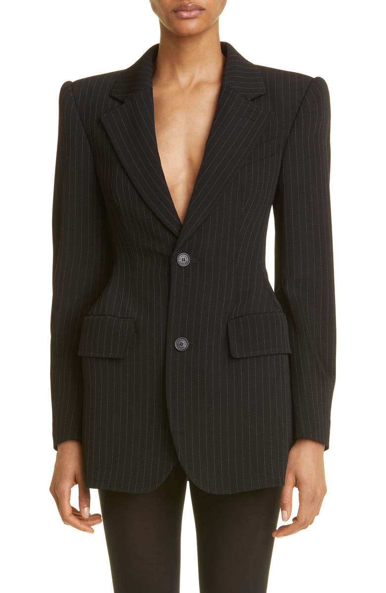 Balenciaga Hourglass Pinstripe Stretch Wool Blazer, Main, color,