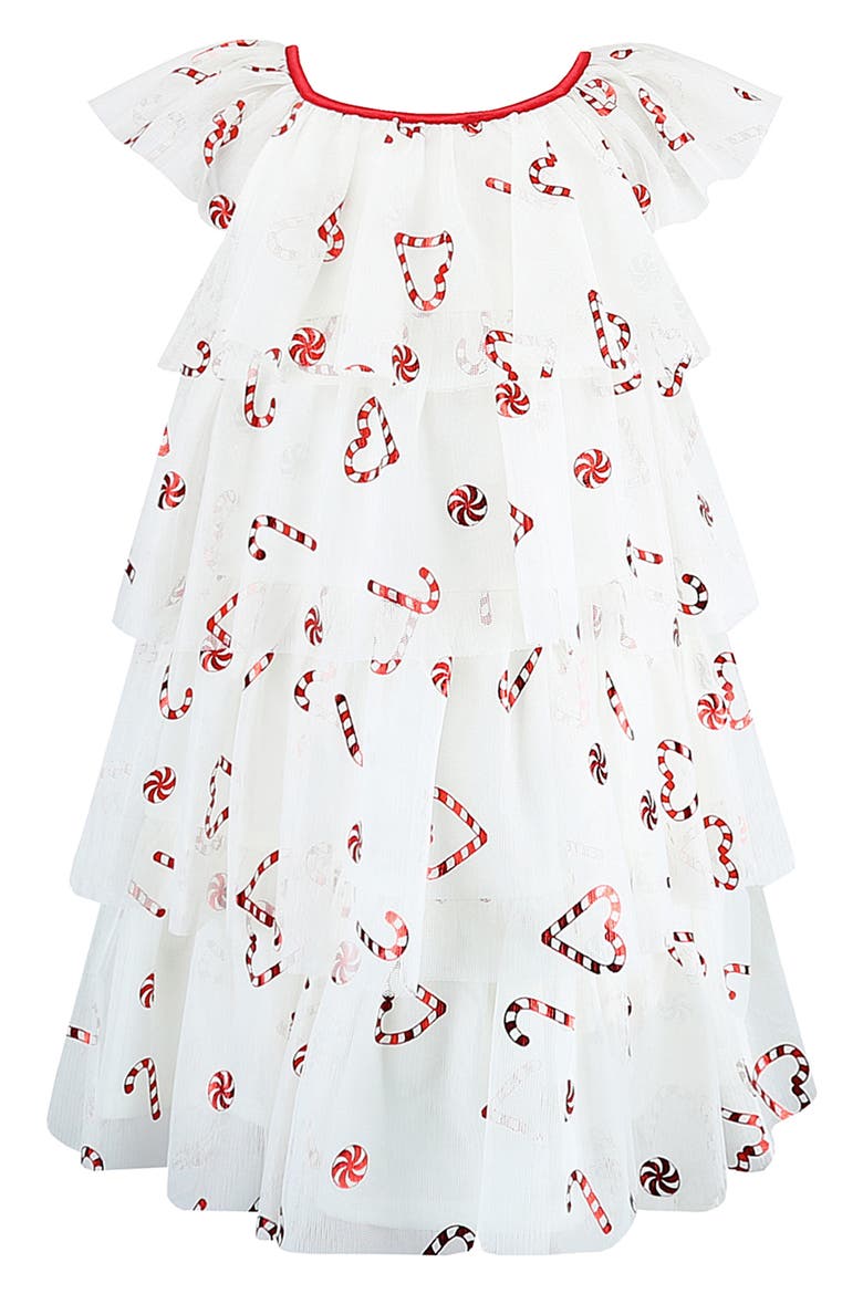 Kids' Foil Print Tiered Mesh Flutter Sleeve Dress, Main, color, IVORY/ RED