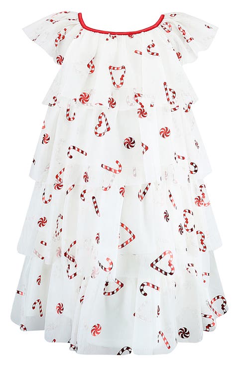 Kids' Foil Print Tiered Mesh Flutter Sleeve Dress