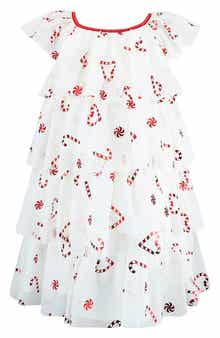 Kids' Foil Print Tiered Mesh Flutter Sleeve Dress