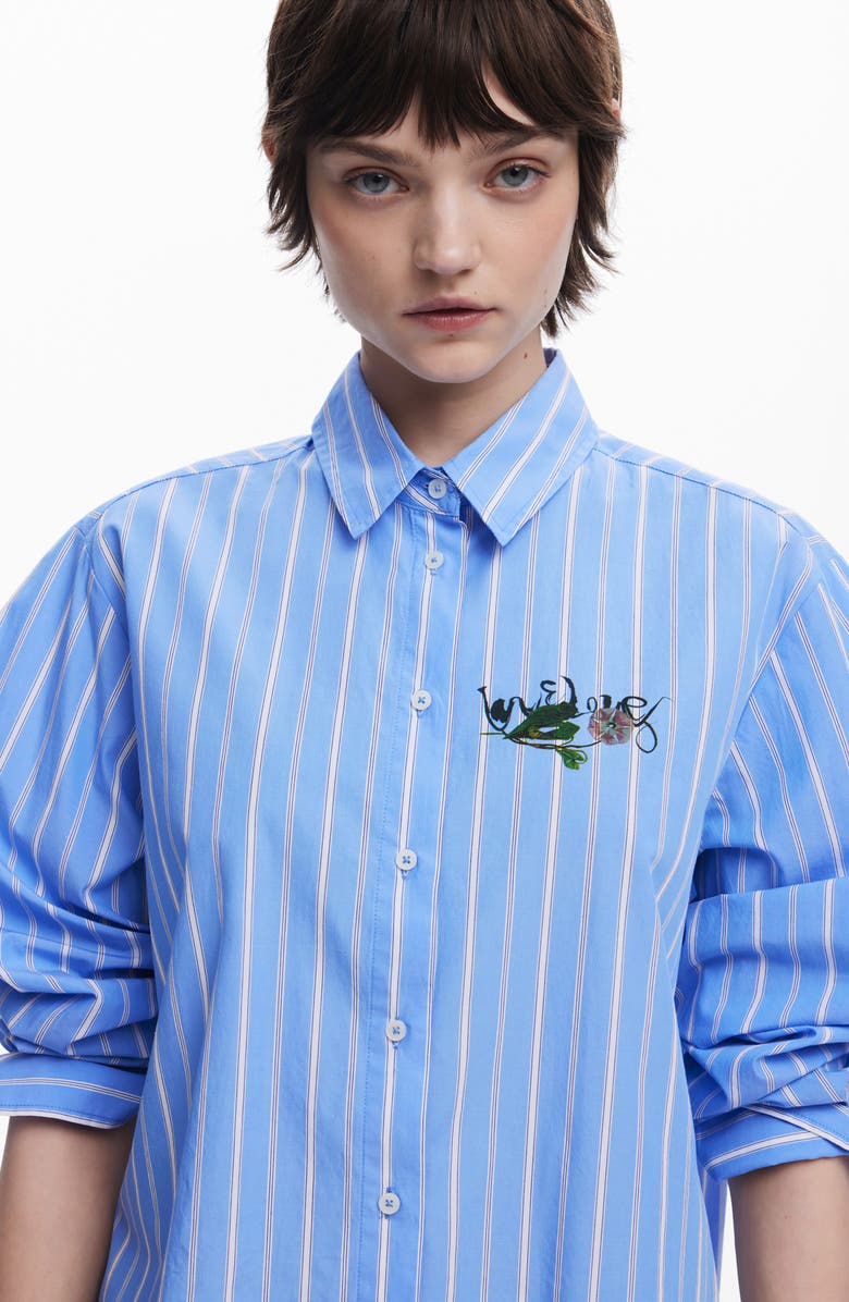 Desigual Stripe Cotton Graphic Button-Up Shirt, Alternate, color, Light Blue