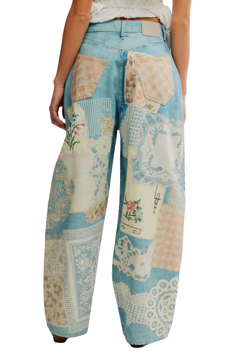 Free People Illusions Patchwork Barrel Leg Jeans, Alternate, color, Sky Combo