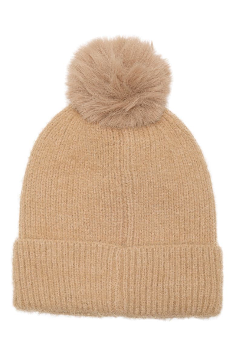 Star Embellished Faux Fur Pom Beanie, Alternate, color, TAUPE