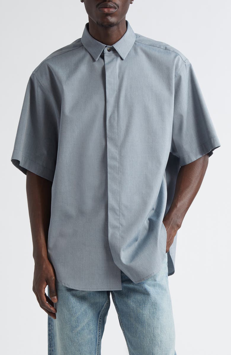 Fear of God Short Sleeve Cotton & Wool Stretch Oxford Button-Up Shirt, Main, color, Melange Slate