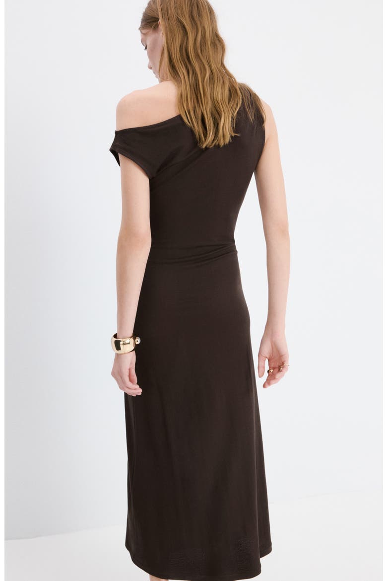 Pleated One-Shoulder Midi Dress, Alternate, color, BROWN