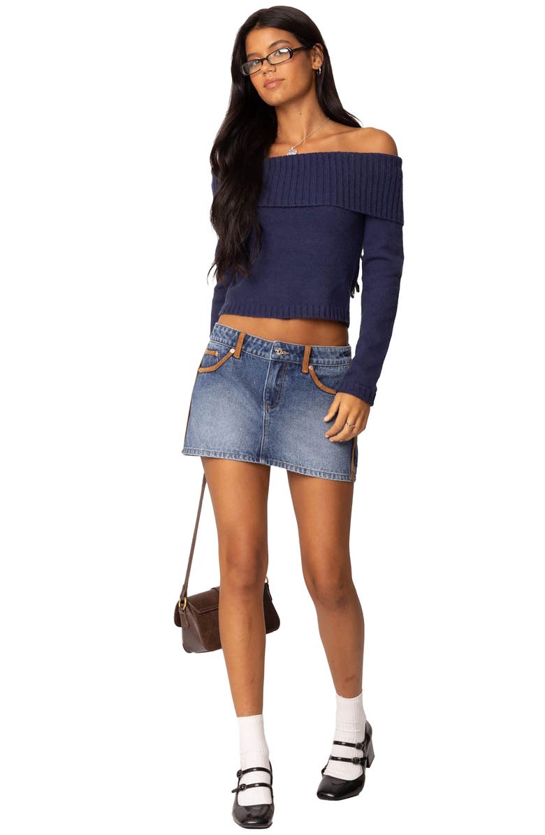 EDIKTED Vera Suede Trim Denim Miniskirt, Alternate, color, Blue