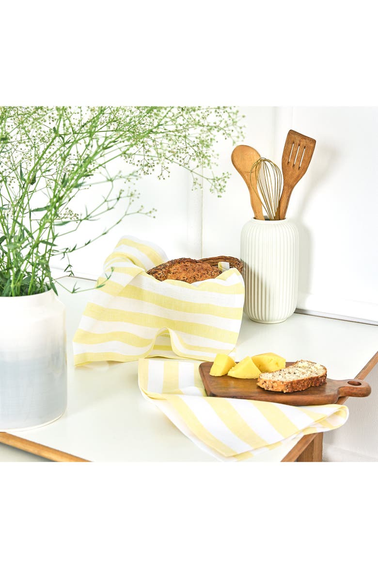 Linen Kitchen Towels Set of 2, 17 x 26" - Sorrento Stripe, Alternate, color, Yellow and White