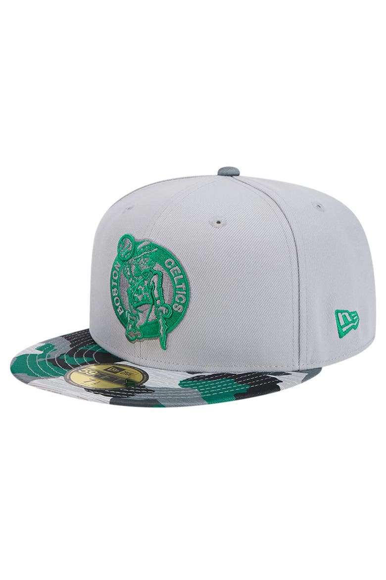 Men's New Era Gray Boston Celtics Active Color Camo Visor 59FIFTY Fitted Hat, Main, color, Gray