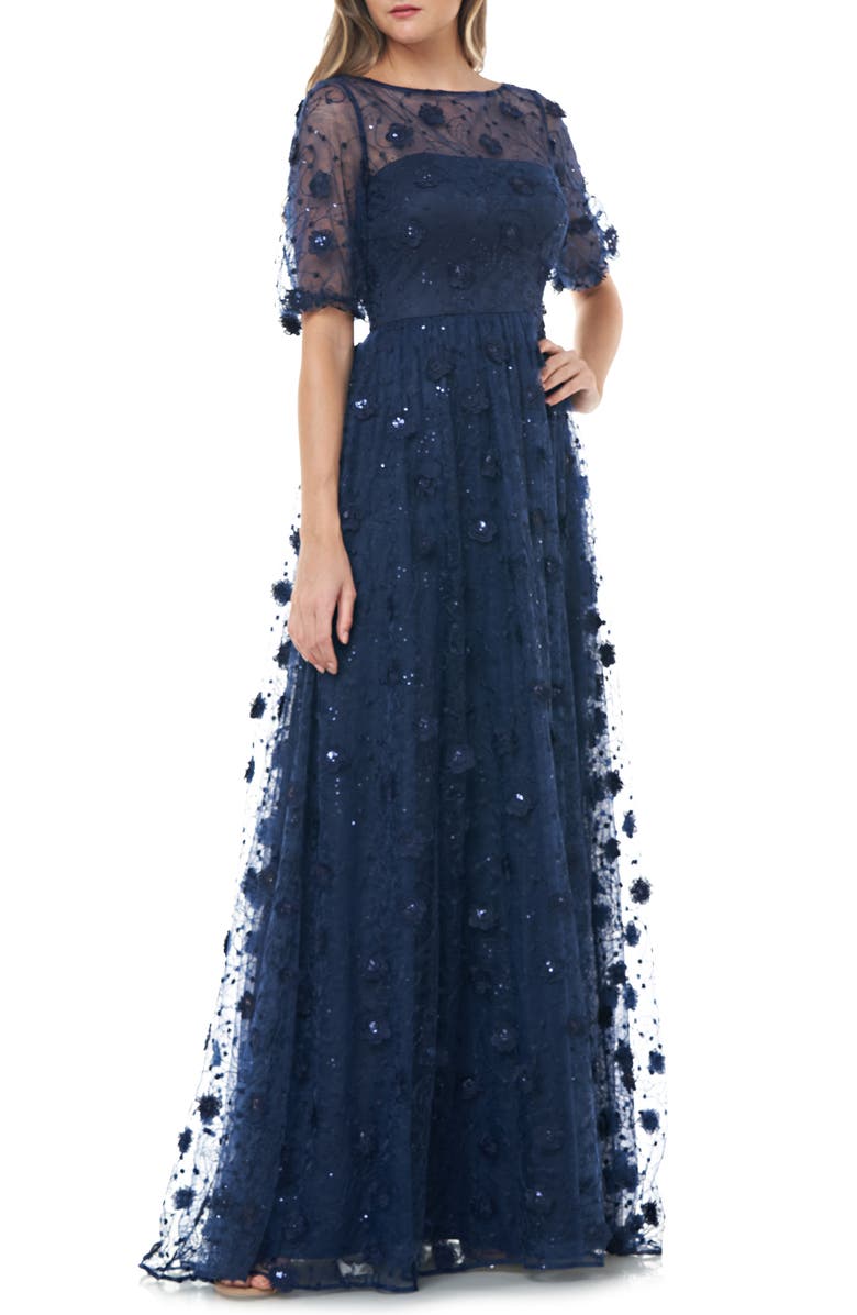 Carmen Marc Valvo Infusion 3D Embroidered Lace Gown, Main, color, 