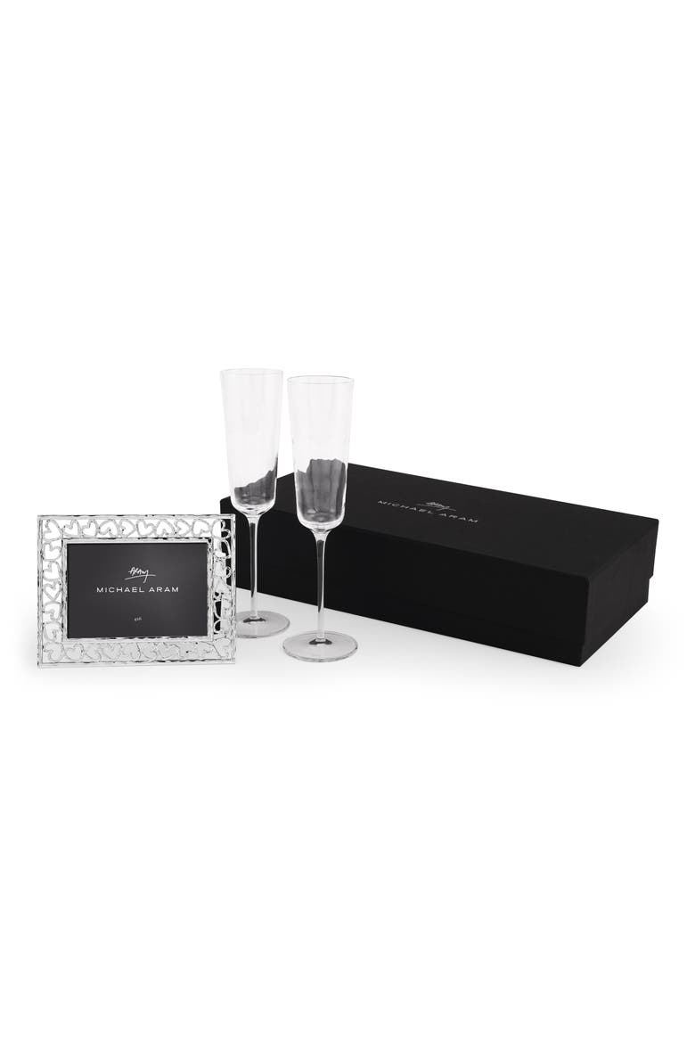 Reflective Set of 2 Champagne Flutes & Heart Frame Gift Set, Alternate, color, CLEAR