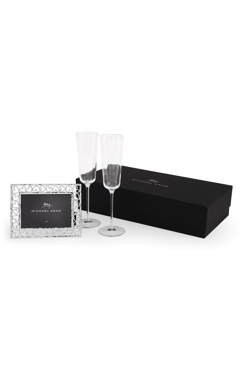 Michael Aram Reflective Set of 2 Champagne Flutes & Heart Frame Gift Set, Alternate, color, Clear