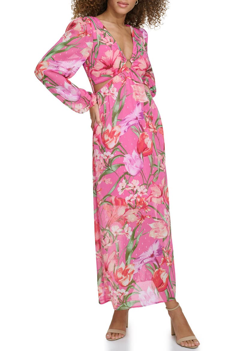 Floral Long Sleeve Clip Dot Maxi Dress, Main, color, PINK MULTI