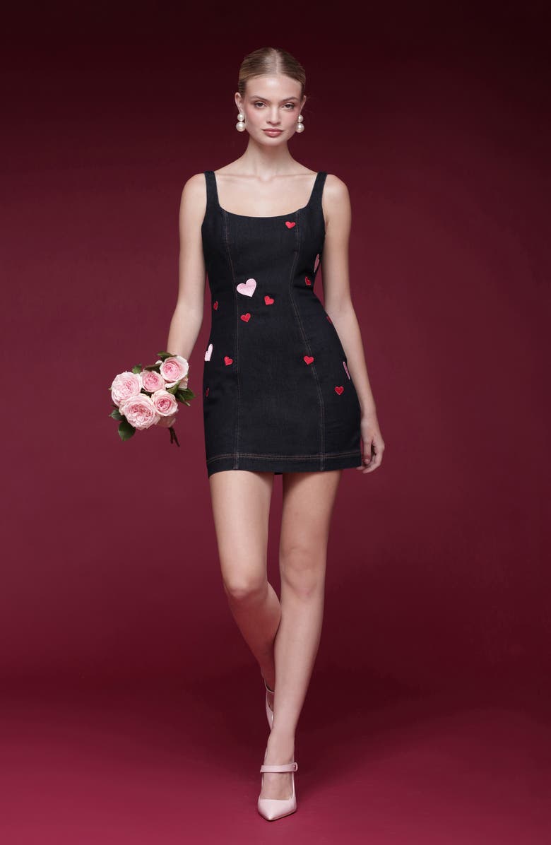 Avec Les Filles Heart Embroidered Paneled Denim Minidress, Alternate, color, Rinse Wash