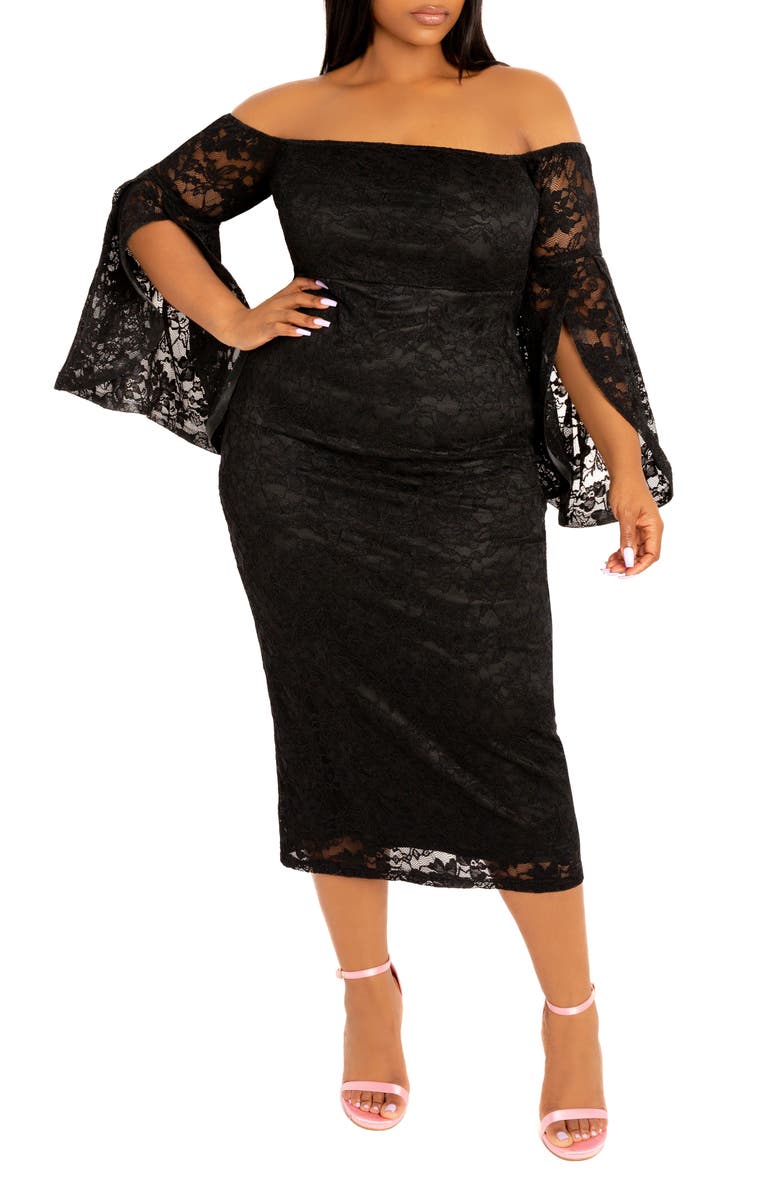BUXOM COUTURE Lace Off-the-Shoulder Midi Dress, Main, color, Black