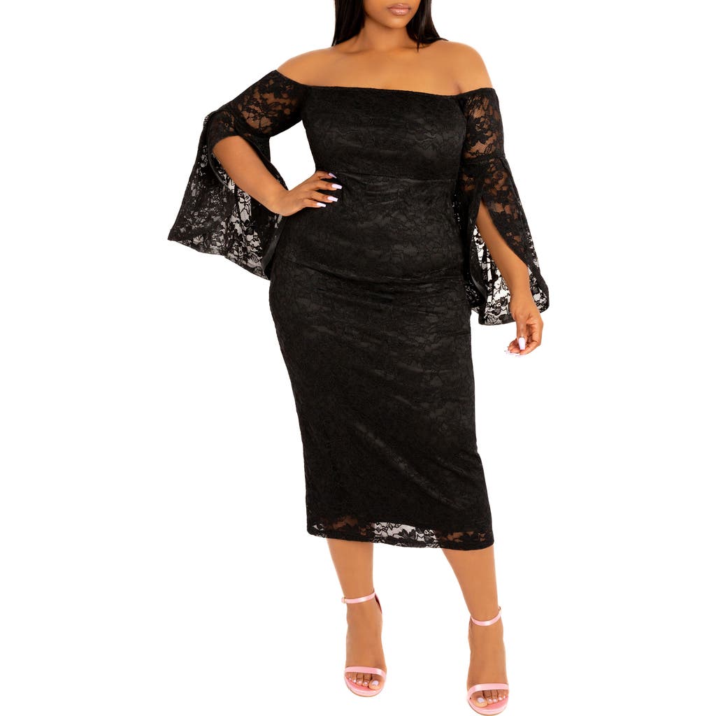 Shop Buxom Couture Lace Off-the-shoulder Midi Dress In Black