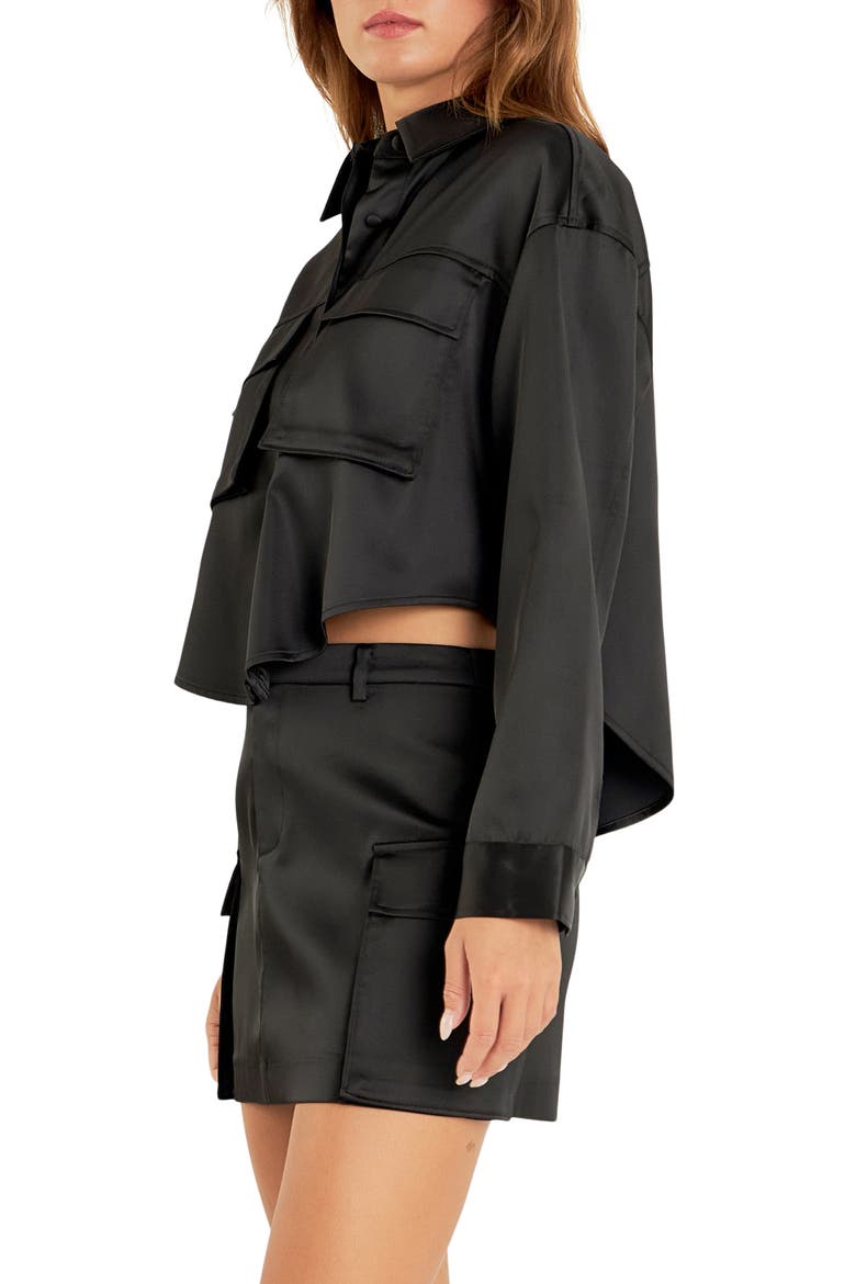 Pocket Detail Crop Satin Shirt, Alternate, color, BLACK