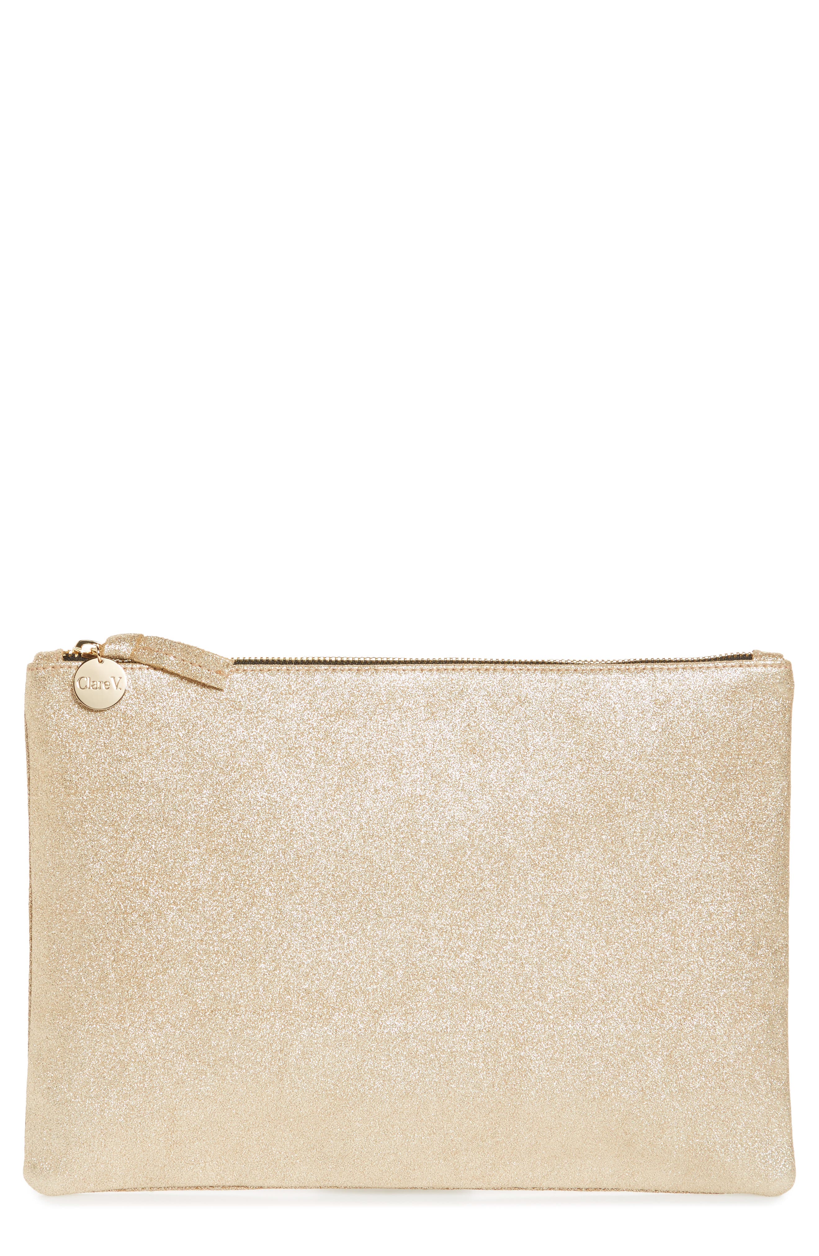 Clare V. Maison Metallic Suede Flat Clutch, Main, color, 