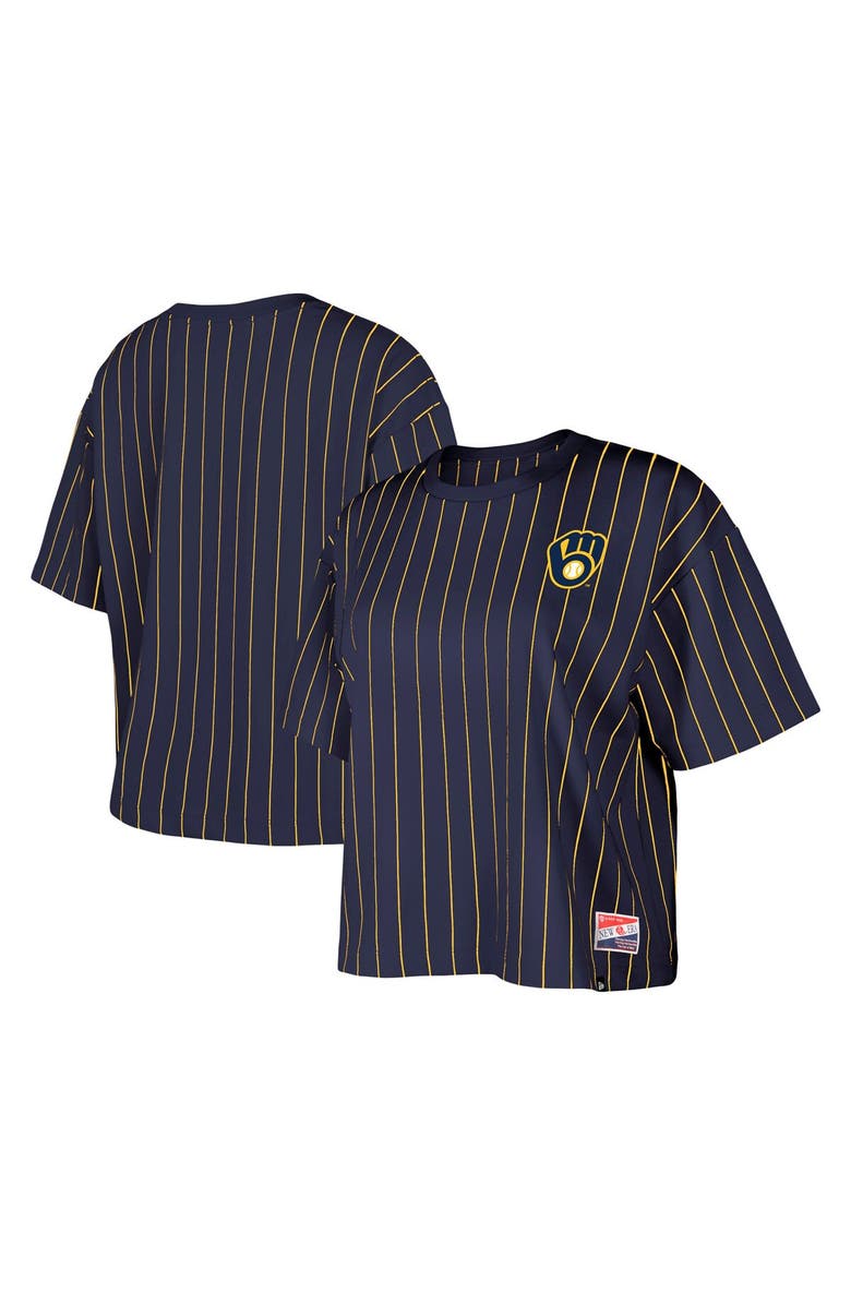New Era Women's New Era Navy Milwaukee Brewers Boxy Pinstripe T-Shirt, Main, color,
