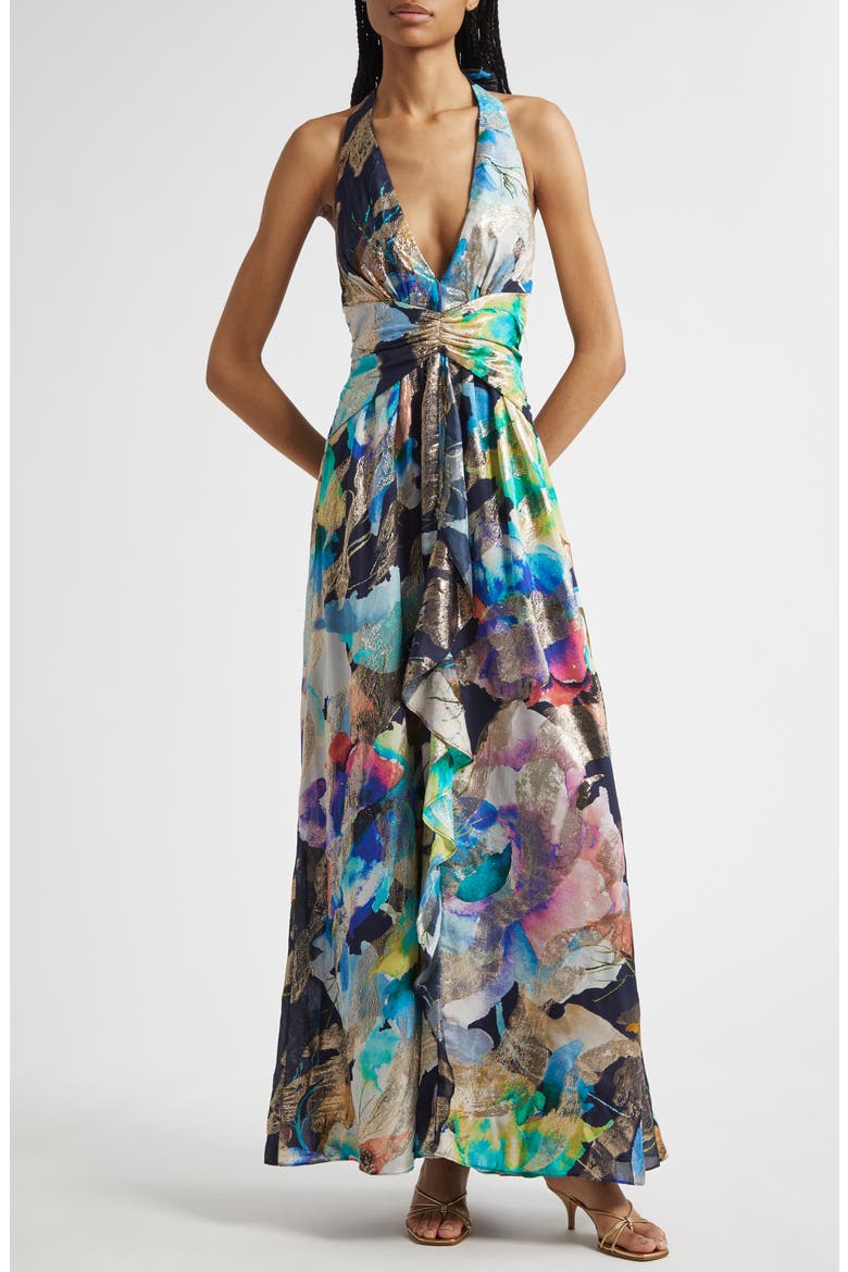 Stefanie Metallic Plunge Gown, Main, color, SPRING NAVY MARBLE