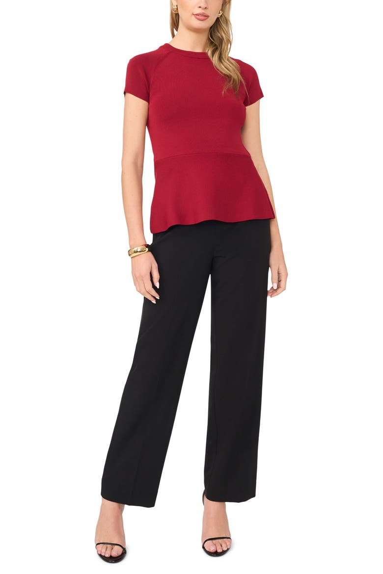 Short Sleeve Ribbed Peplum Sweater, Alternate, color, GARNET RED