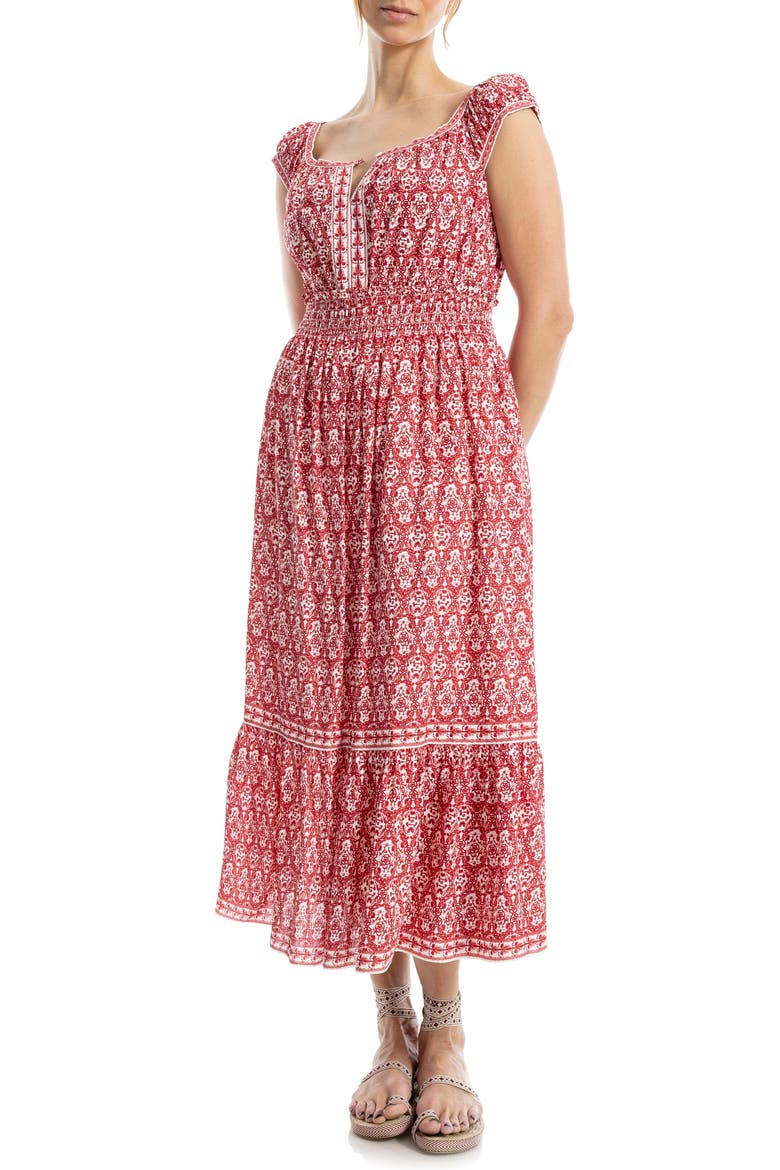 Floral Tiered Cotton Blend Midi Dress, Main, color, RED/ WHITE