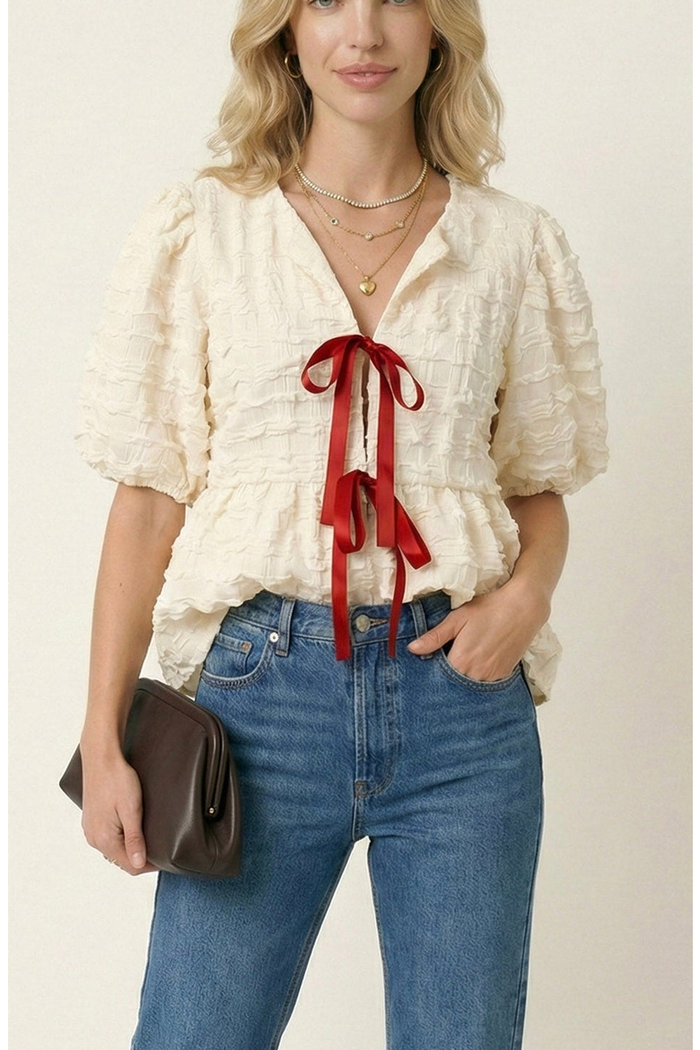Textured Puff Sleeve Peplum Blouse, Main, color, Off-White / Cream