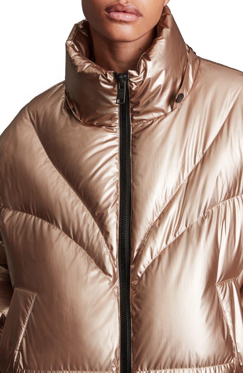 AllSaints Mika Hooded Metallic Down Puffer Jacket, Alternate, color, Rose Pink