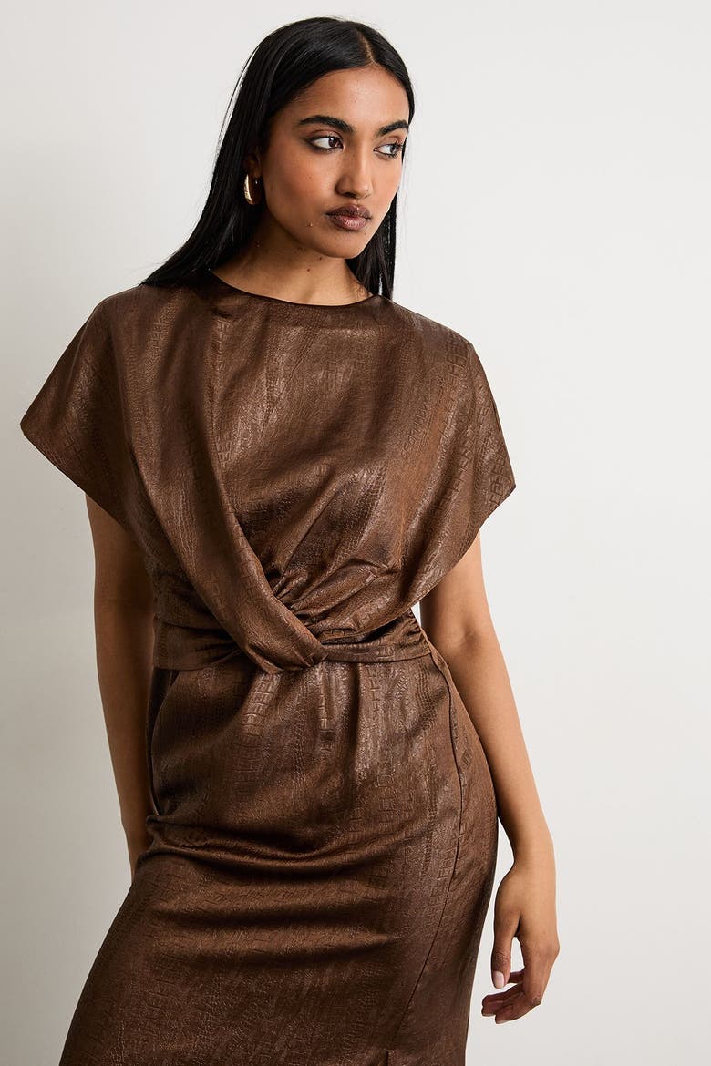 Leather Look Twist Front Midi Dress, Alternate, color, Chocolate