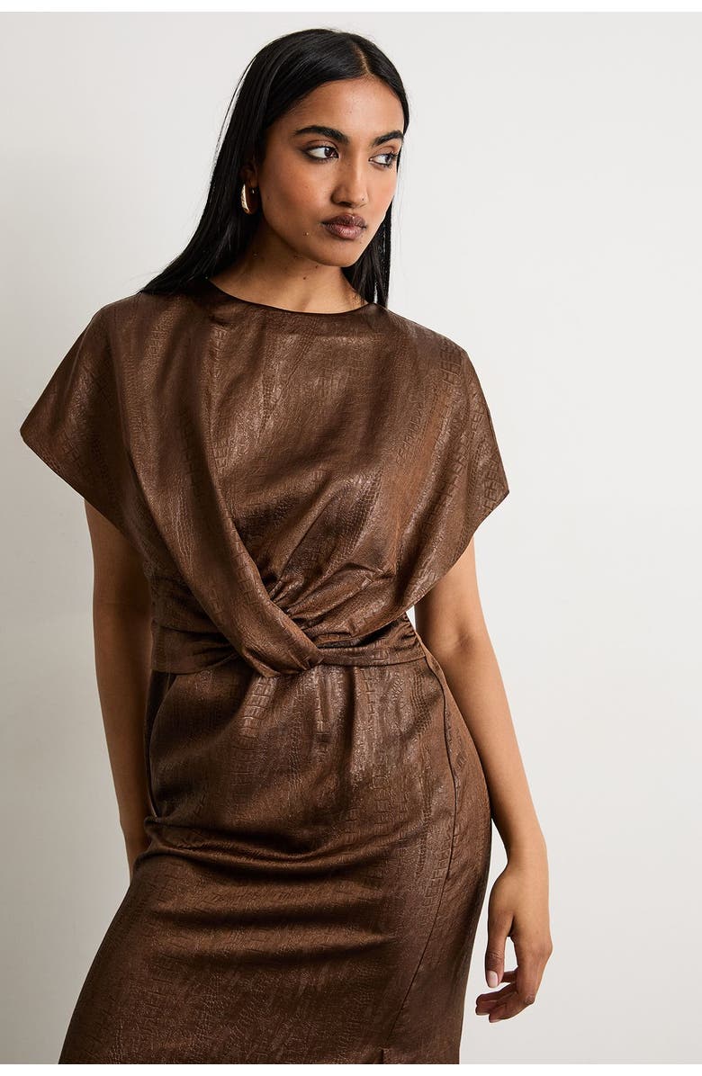Warehouse Leather Look Twist Front Midi Dress, Alternate, color, Chocolate