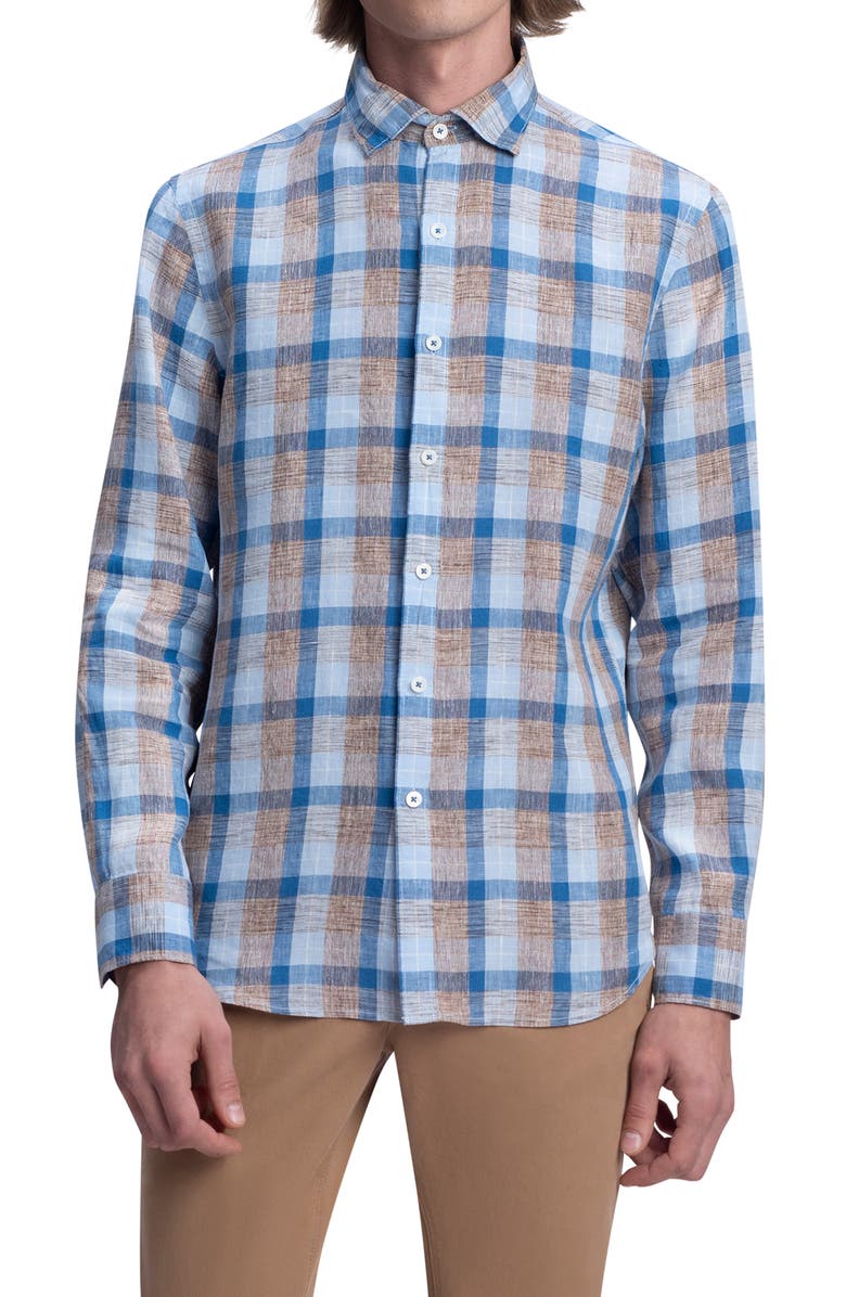 Bugatchi Shaped Fit Button-Up Linen Shirt, Main, color,