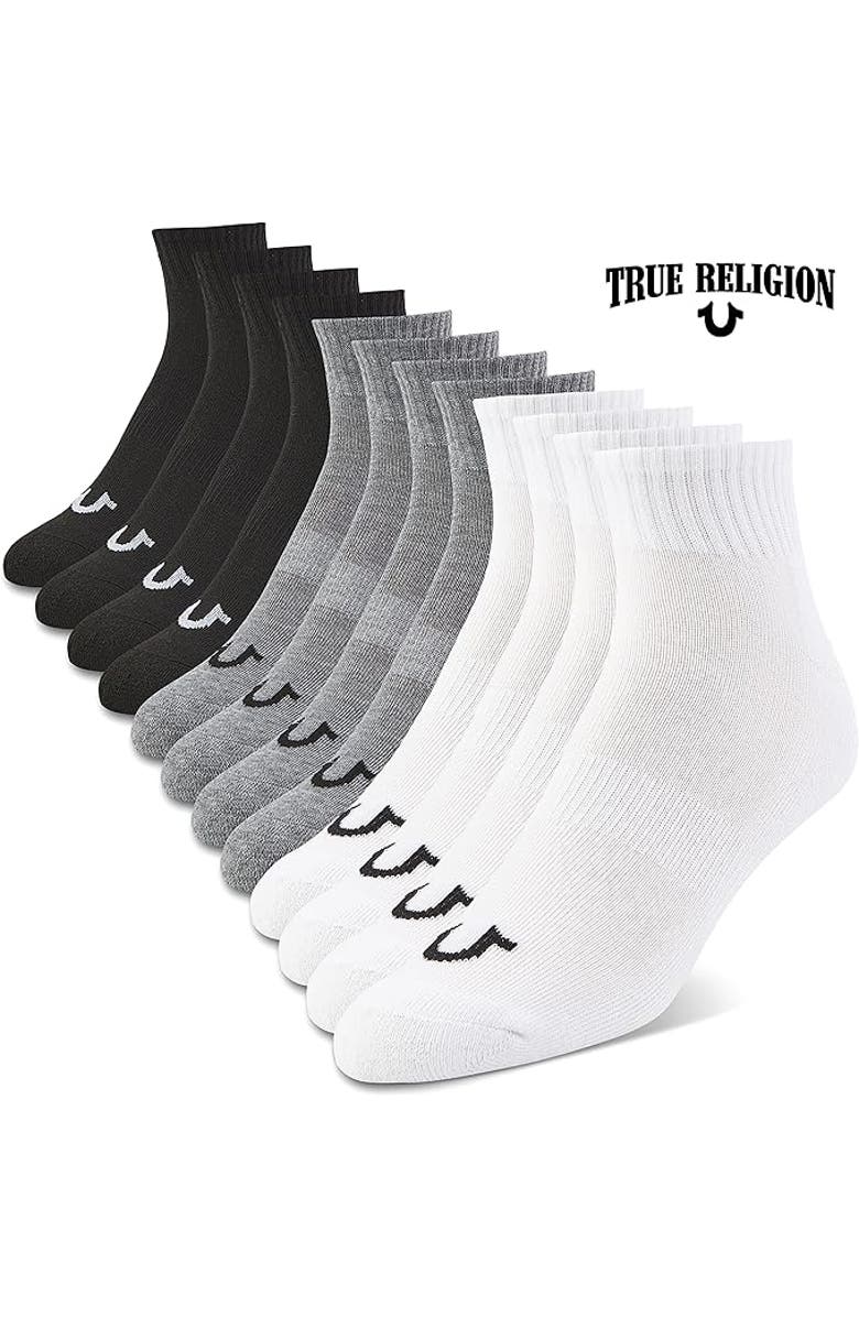 True Religion 12 Pairs Quarter Premium Athletic Ankle Socks, Alternate, color, Grey/Black/White