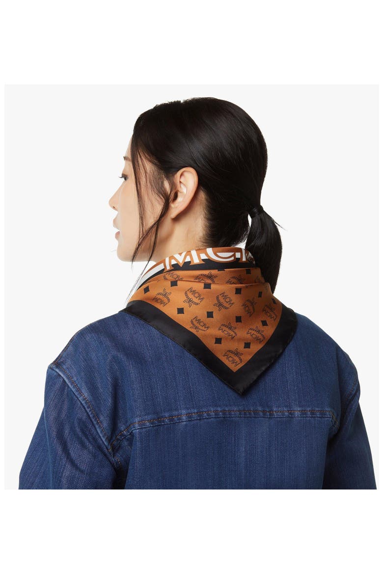 Monogram Print Triangle Silk Scarf, Alternate, color, Cognac