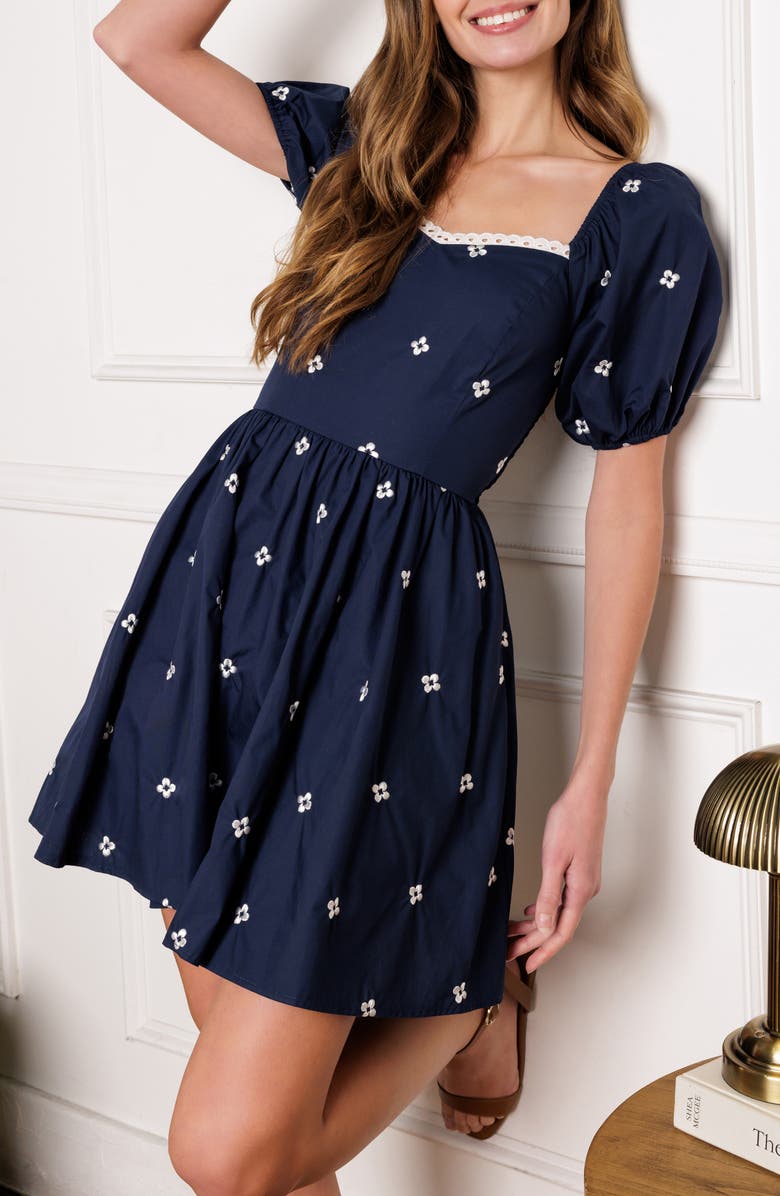 FLYING TOMATO Floral Embroidered Puff Sleeve Cotton Minidress, Alternate, color, 