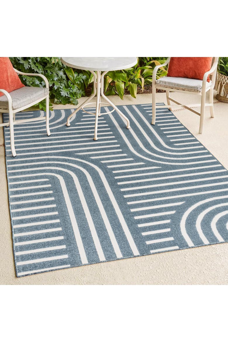 Anders High-Low MidCentury Modern Arch Stripe Two-Tone Indoor/Outdoor Area Rug, Alternate, color, Navy/Cream