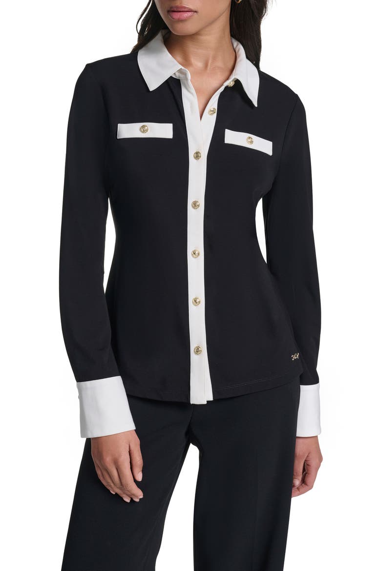 Contrast Trim Collared Knit Top, Main, color, BLACK