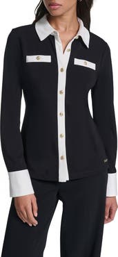 KARL LAGERFELD PARIS Contrast Trim Collared Knit Top