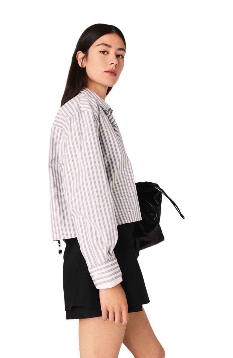 maje Rhinestone shirt with removable tie, Alternate, color, Ecru Stripes