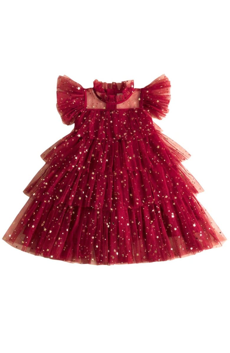 Mia Belle Girls Dancing Star Sequin Tiered Tulle Dress, Main, color, Red