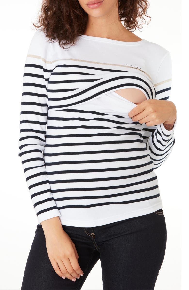 Cache Coeur Crozon Sailor Long Sleeve Organic Cotton Maternity Top, Alternate, color, 