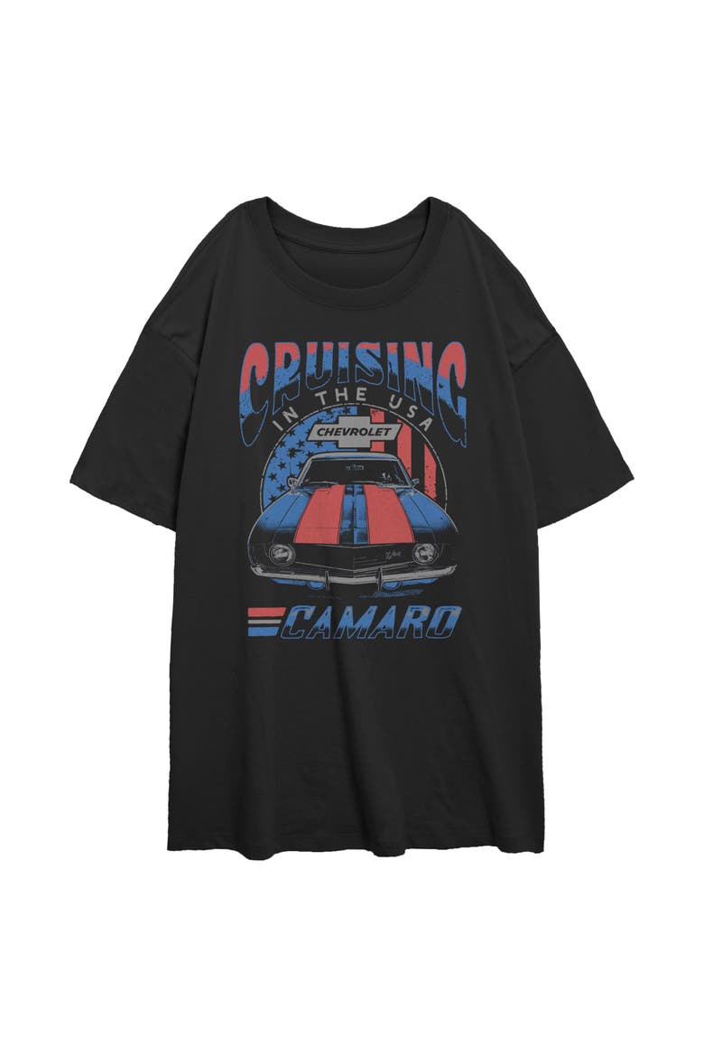 Junior's Camaro Cruising in the USA Short Sleeve Oversized T-Shirt, Main, color, Black